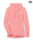 Women's Misty Top in Spritz, flat lay front view featuring solid coral pink waffle knit fabric, shawl collar with drawstring tie, long sleeves with ribbed cuffs, crossover hem, and Straight Down logo patch at the hip