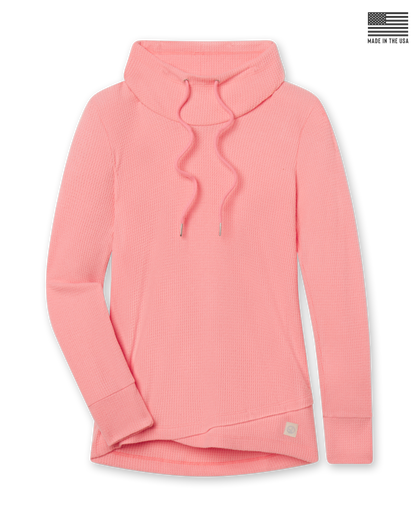 Women's Misty Top in Spritz, flat lay front view featuring solid coral pink waffle knit fabric, shawl collar with drawstring tie, long sleeves with ribbed cuffs, crossover hem, and Straight Down logo patch at the hip