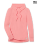 Women's Misty Top in Spritz, flat lay front view featuring solid coral pink waffle knit fabric, shawl collar with drawstring tie, long sleeves with ribbed cuffs, crossover hem, and Straight Down logo patch at the hip