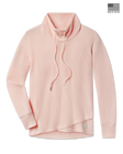 A light peach waffle-knit mock neck sweater with a drawstring.