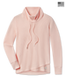 A light peach waffle-knit mock neck sweater with a drawstring.