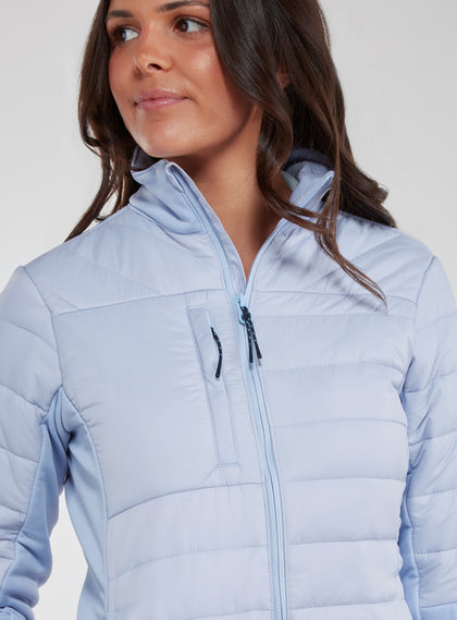 Straight Down Women's Pines Jacket in Powder, close-up model view showing stand collar, quilted chest detail, and chest zip pocket