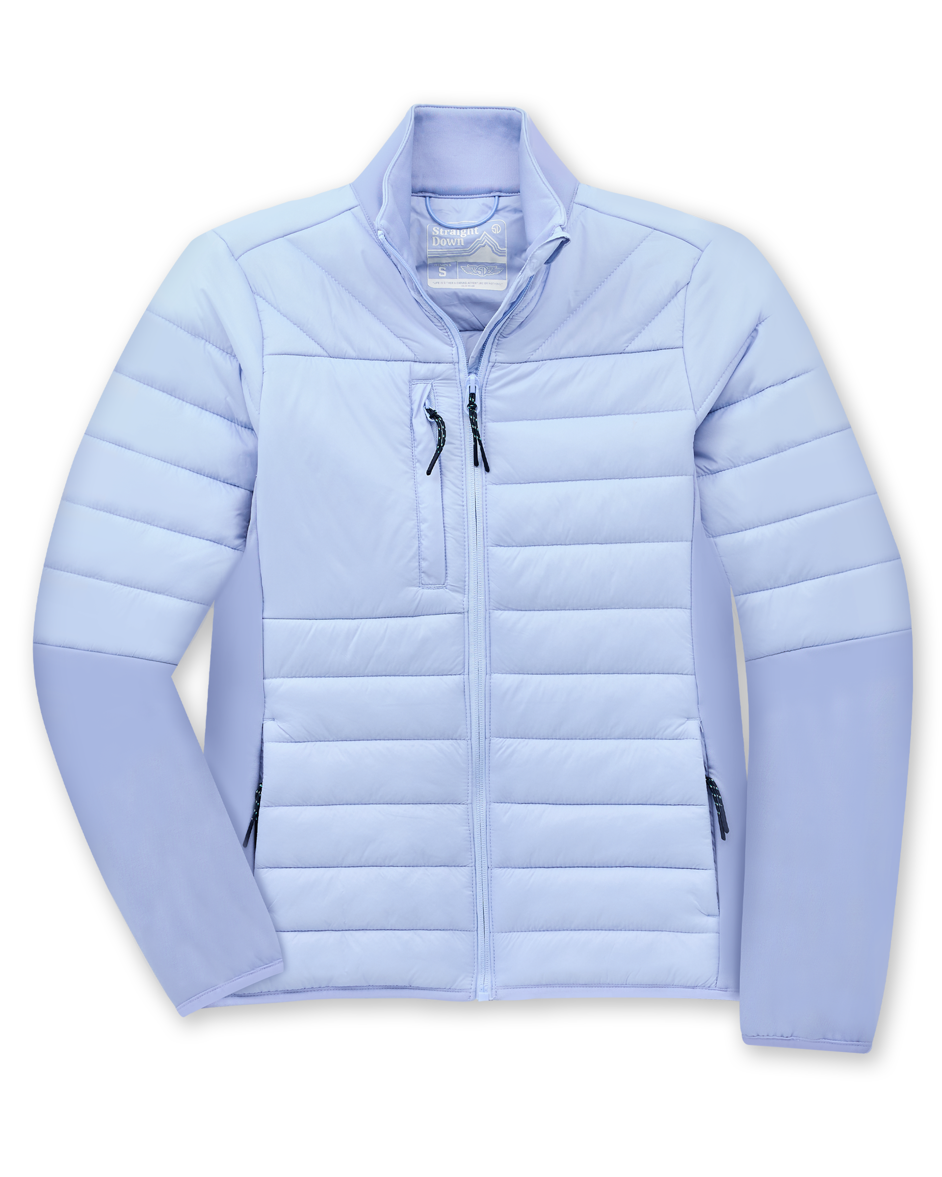 Straight Down Women's Pines Jacket in Powder, flat lay view showing light blue quilted body with stretch side panels, full zip closure, chest zip pocket, and zip hand pockets