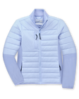 Straight Down Women's Pines Jacket in Powder, flat lay view showing light blue quilted body with stretch side panels, full zip closure, chest zip pocket, and zip hand pockets