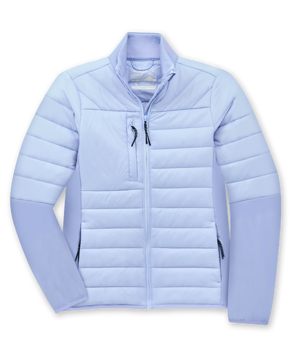 Straight Down Women's Pines Jacket in Powder, flat lay view showing light blue quilted body with stretch side panels, full zip closure, chest zip pocket, and zip hand pockets