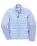 Straight Down Women's Pines Jacket in Powder, flat lay view showing light blue quilted body with stretch side panels, full zip closure, chest zip pocket, and zip hand pockets