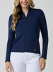 Straight Down Women's Celeste Jacket in Indigo, front view on model featuring a navy full-zip jacket with mock neck collar, paired with white pants