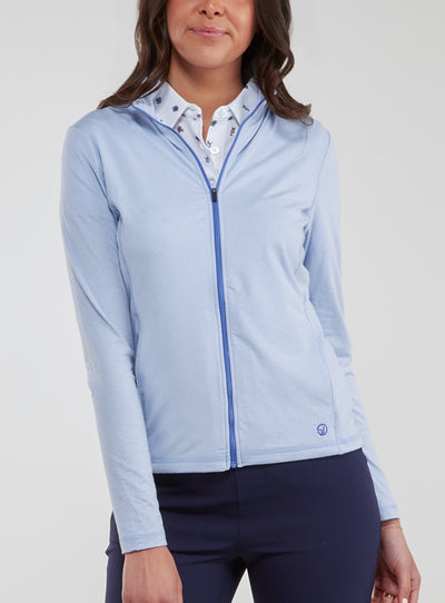 Straight Down Women's Celeste Jacket in Lavender, front view on model featuring a light purple full-zip jacket with contrasting blue zipper, paired with navy pants