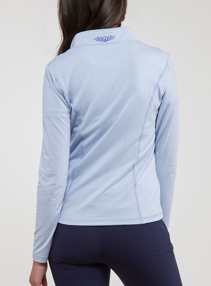 Straight Down Women's Celeste Jacket in Lavender, back view on model featuring a light purple full-zip jacket with the Straight Down logo at the back collar, paired with navy pants
