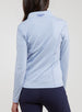 Straight Down Women's Celeste Jacket in Lavender, back view on model featuring a light purple full-zip jacket with the Straight Down logo at the back collar, paired with navy pants