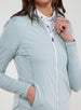 Straight Down Women's Celeste Jacket in Mineral, close up front view on model highlighting the white zipper and mock neck collar detail