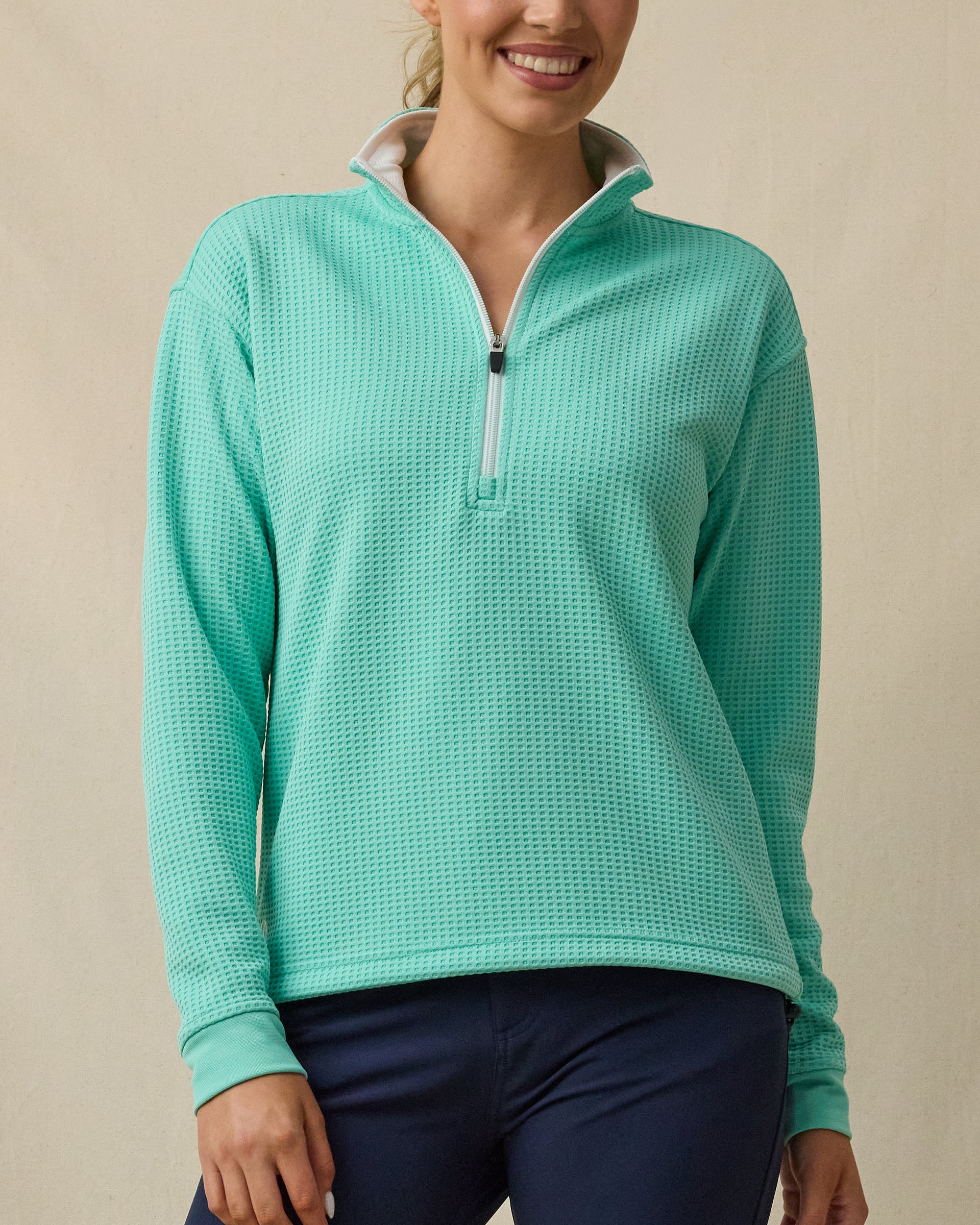 Opal Half Zip in Cascade Green, front model view