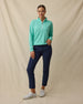 Opal Half Zip in Cascade Green, full outfit model view with navy pants and cinched hem