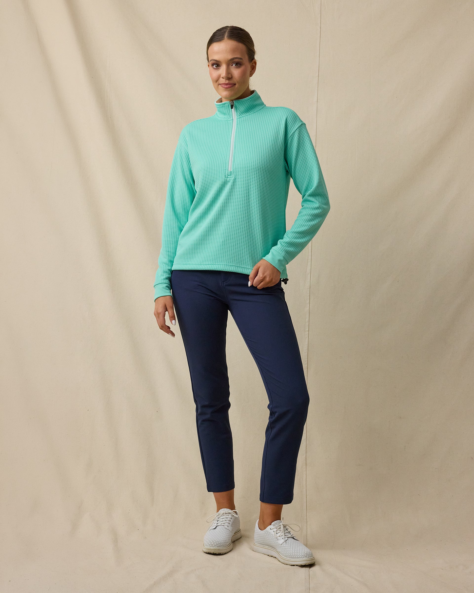 Opal Half Zip in Cascade Green, full outfit model view, zipped collar