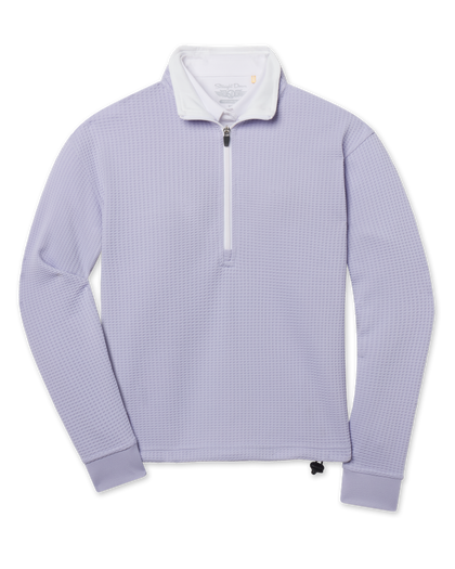 Straight Down Opal Half Zip in Cosmic Blue featuring textured waffle knit fabric, a contrast half-zip mock neck, and adjustable drawcord hem