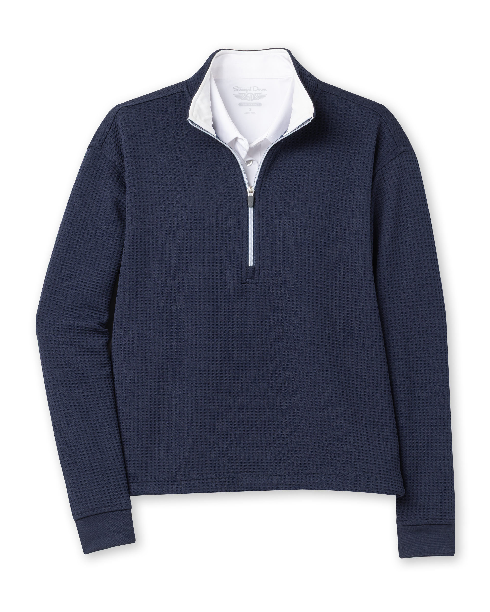 Opal Half Zip in Indigo blue with textured waffle-knit fabric and quarter-zip collar