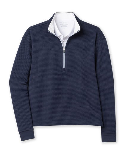 Opal Half Zip in Indigo blue with textured waffle-knit fabric and quarter-zip collar