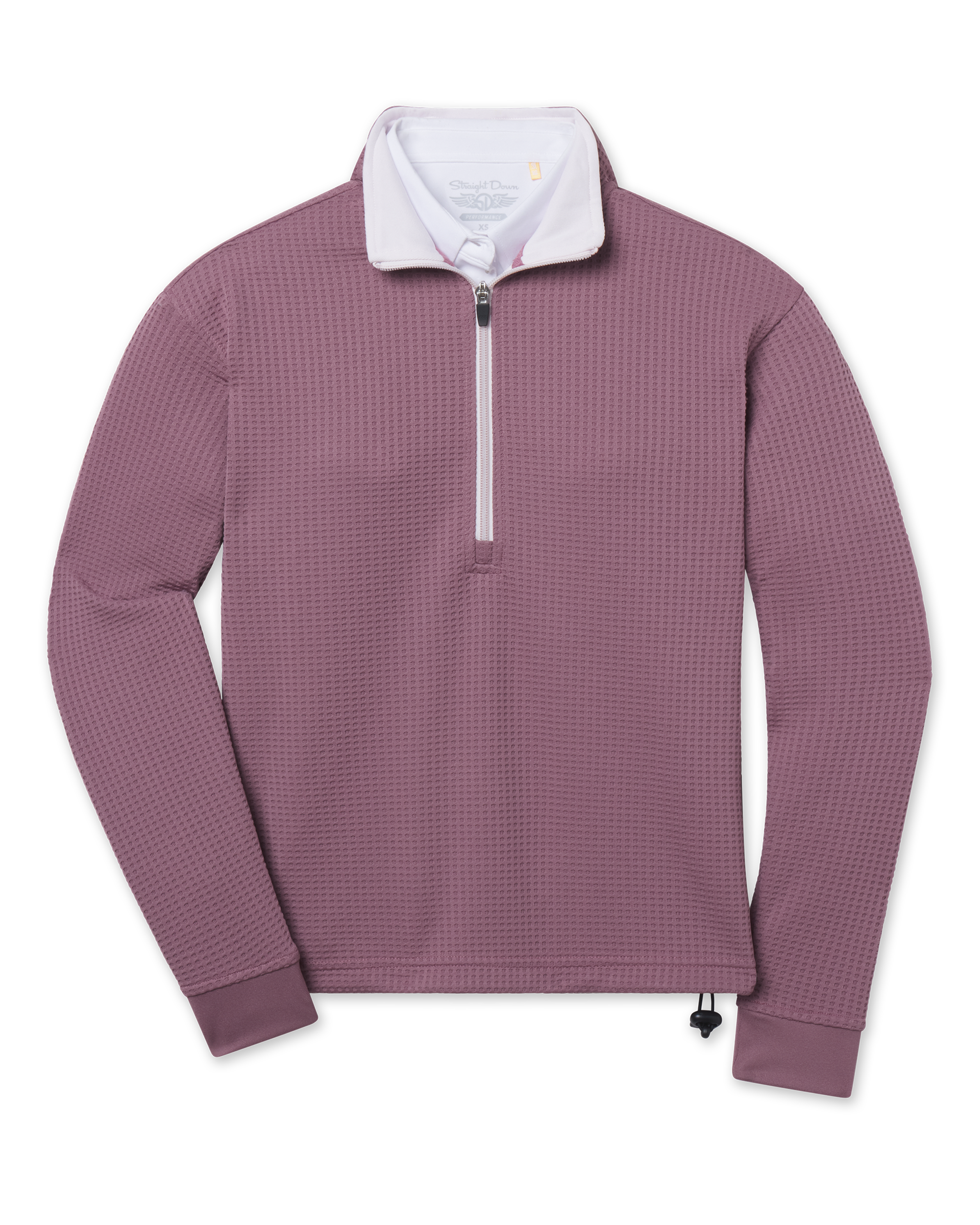 Straight Down Opal Half Zip in Oxblood Red featuring textured waffle knit fabric, a contrast half-zip mock neck, adjustable drawcord hem, and long sleeves