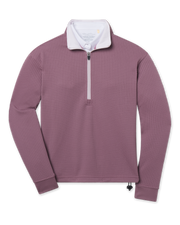 Straight Down Opal Half Zip in Oxblood Red featuring textured waffle knit fabric, a contrast half-zip mock neck, adjustable drawcord hem, and long sleeves