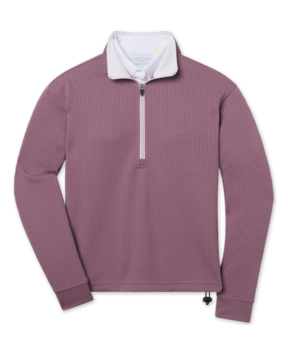 Straight Down Opal Half Zip in Oxblood Red featuring textured waffle knit fabric, a contrast half-zip mock neck, adjustable drawcord hem, and long sleeves