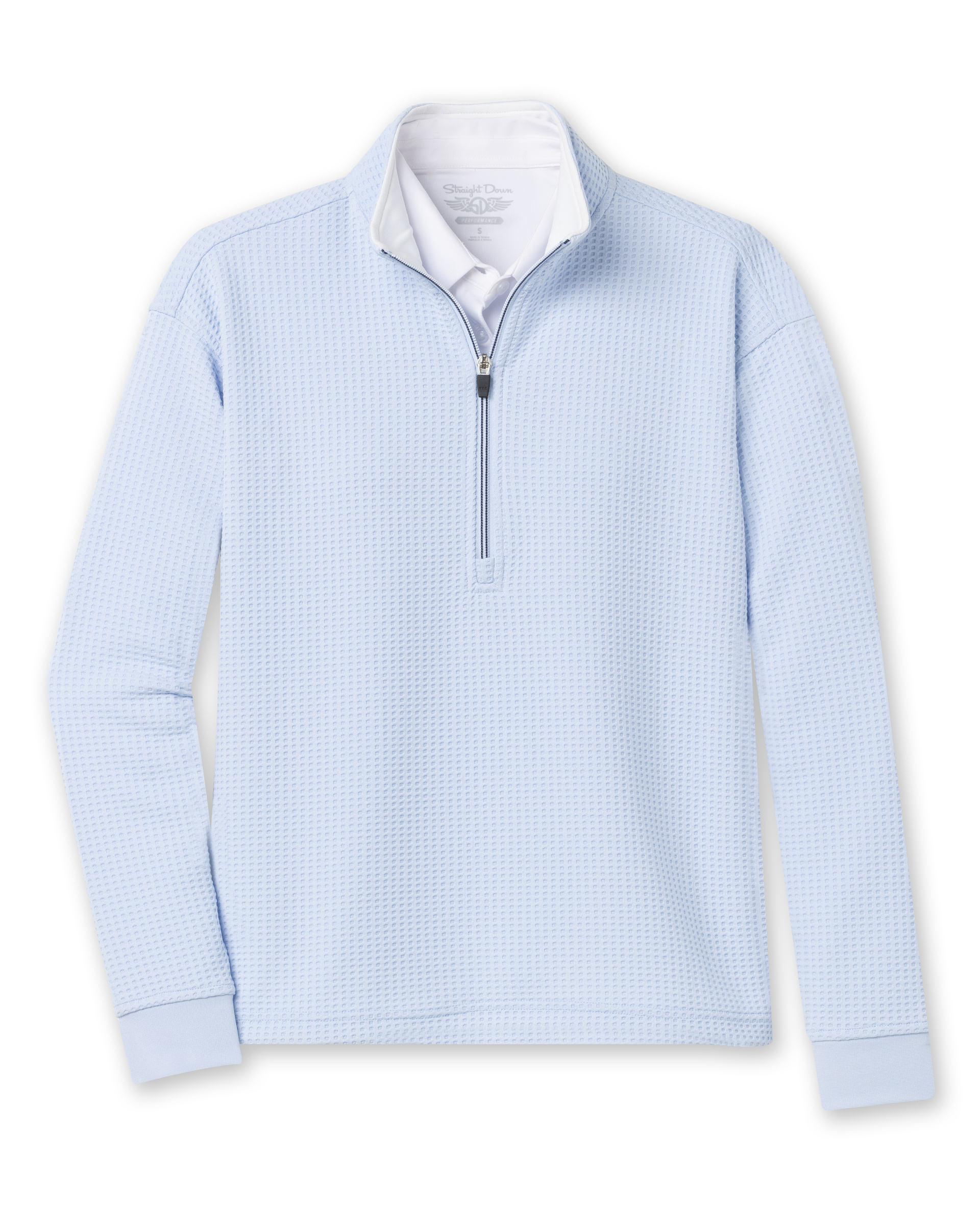 Opal Half Zip in Powder blue with textured waffle-knit fabric and quarter-zip collar