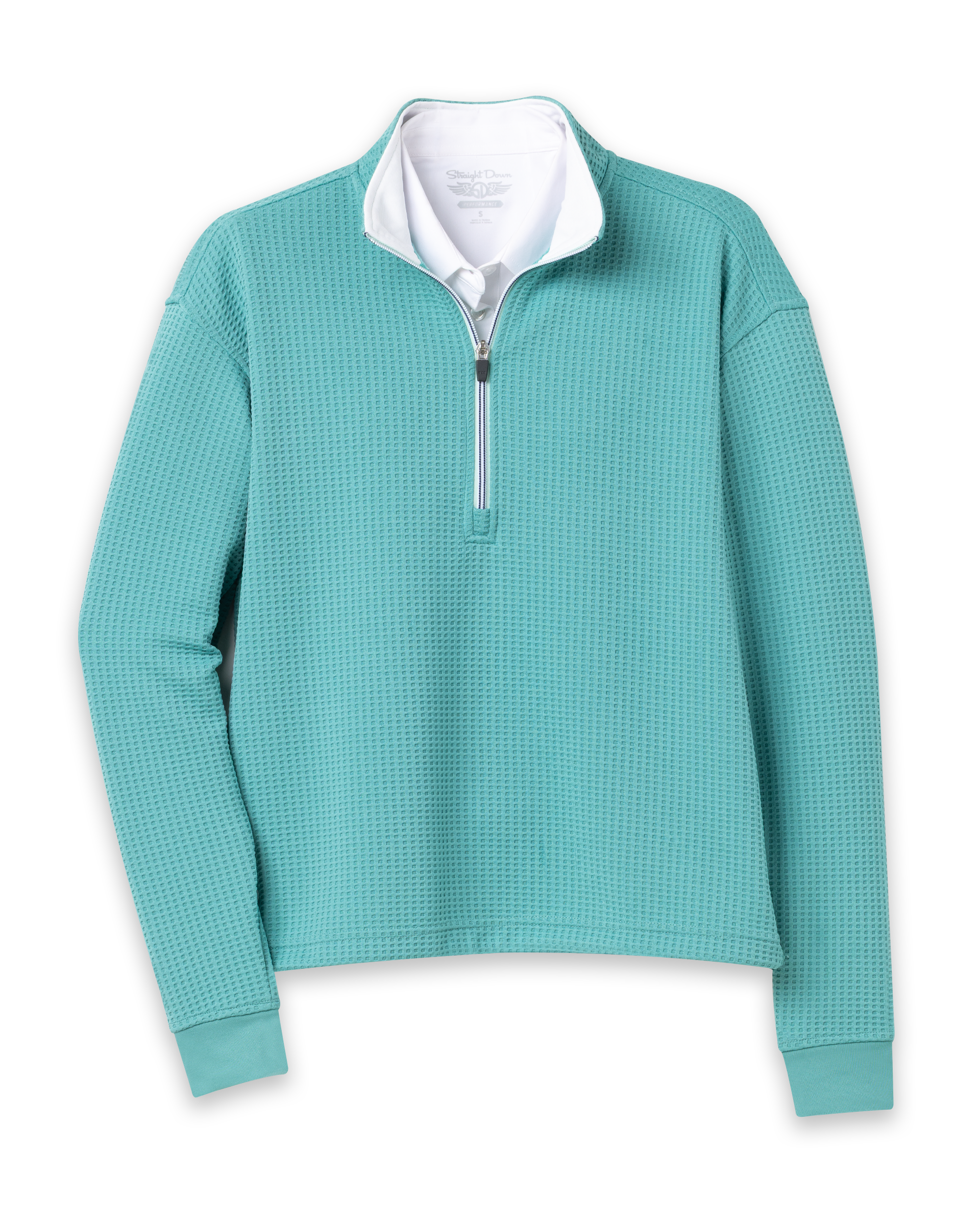 Opal Half Zip in Sea Green with textured waffle-knit fabric and quarter-zip collar