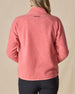 Women's Cerro Quarter Zip in Cedar, back view on model featuring the Straight Down logo embroidered at center back on a coral fleece quarter zip pullover, paired with black pants