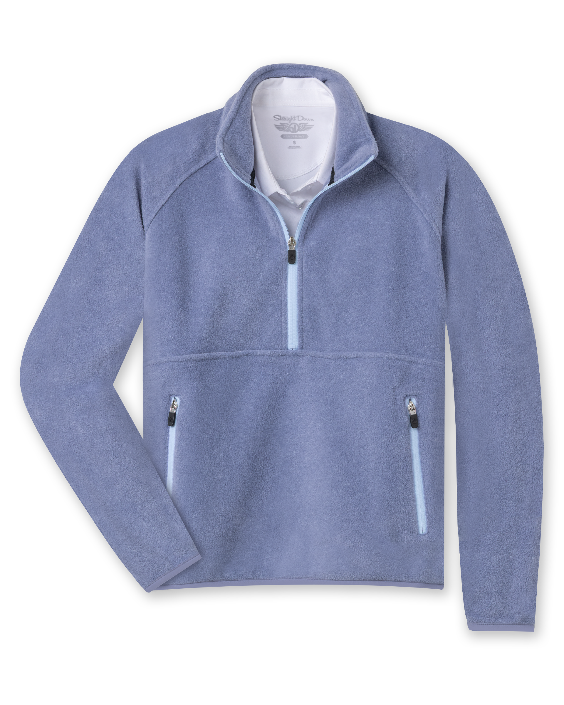Women's Cerro Quarter Zip in Bluestone, flat lay front view featuring a blue-grey fleece quarter-zip pullover with contrast light blue zip placket and zip hand pockets