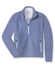Women's Cerro Quarter Zip in Bluestone, flat lay front view featuring a blue-grey fleece quarter-zip pullover with contrast light blue zip placket and zip hand pockets