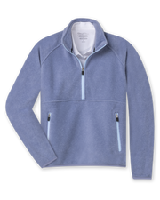 Women's Cerro Quarter Zip in Bluestone, flat lay front view featuring a blue-grey fleece quarter-zip pullover with contrast light blue zip placket and zip hand pockets