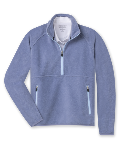Women's Cerro Quarter Zip in Bluestone, flat lay front view featuring a blue-grey fleece quarter-zip pullover with contrast light blue zip placket and zip hand pockets