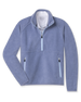 Women's Cerro Quarter Zip in Bluestone, flat lay front view featuring a blue-grey fleece quarter-zip pullover with contrast light blue zip placket and zip hand pockets