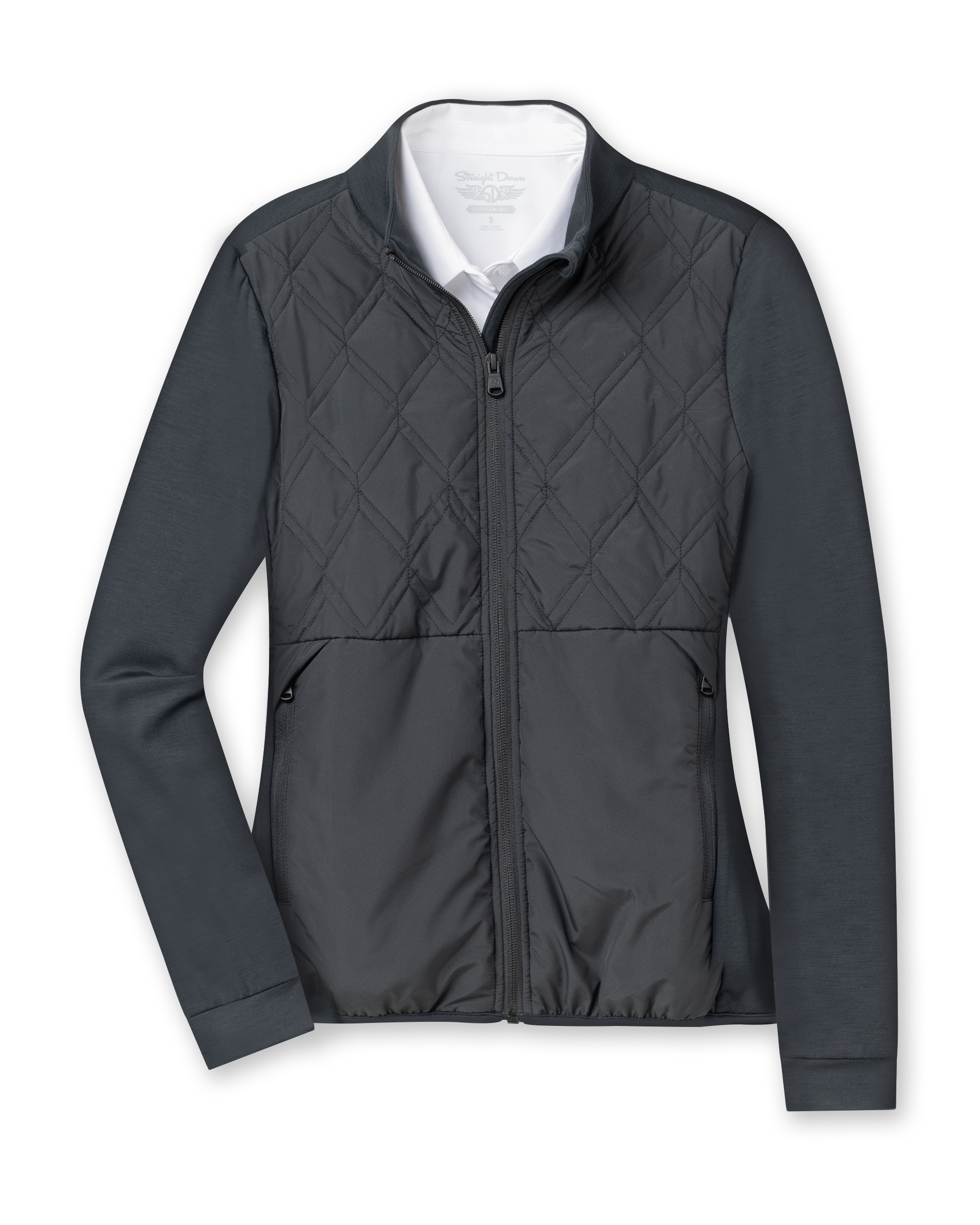 Women's Hera Jacket in Black, flat lay front view featuring a hybrid construction with a quilted diamond-pattern front body and solid stretch sleeves, full zip closure, stand-up collar, and zip side pockets, layered over a white collared shirt