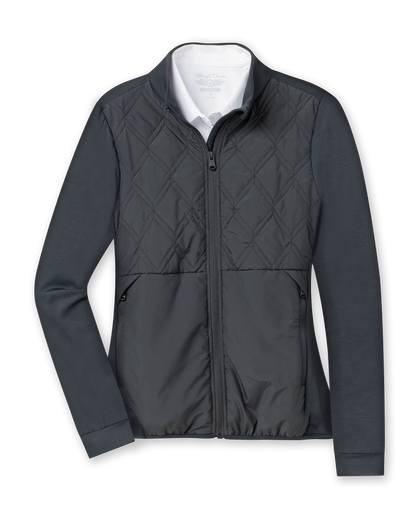 Women's Hera Jacket in Black, flat lay front view featuring a hybrid construction with a quilted diamond-pattern front body and solid stretch sleeves, full zip closure, stand-up collar, and zip side pockets, layered over a white collared shirt