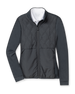 Women's Hera Jacket in Black, flat lay front view featuring a hybrid construction with a quilted diamond-pattern front body and solid stretch sleeves, full zip closure, stand-up collar, and zip side pockets, layered over a white collared shirt