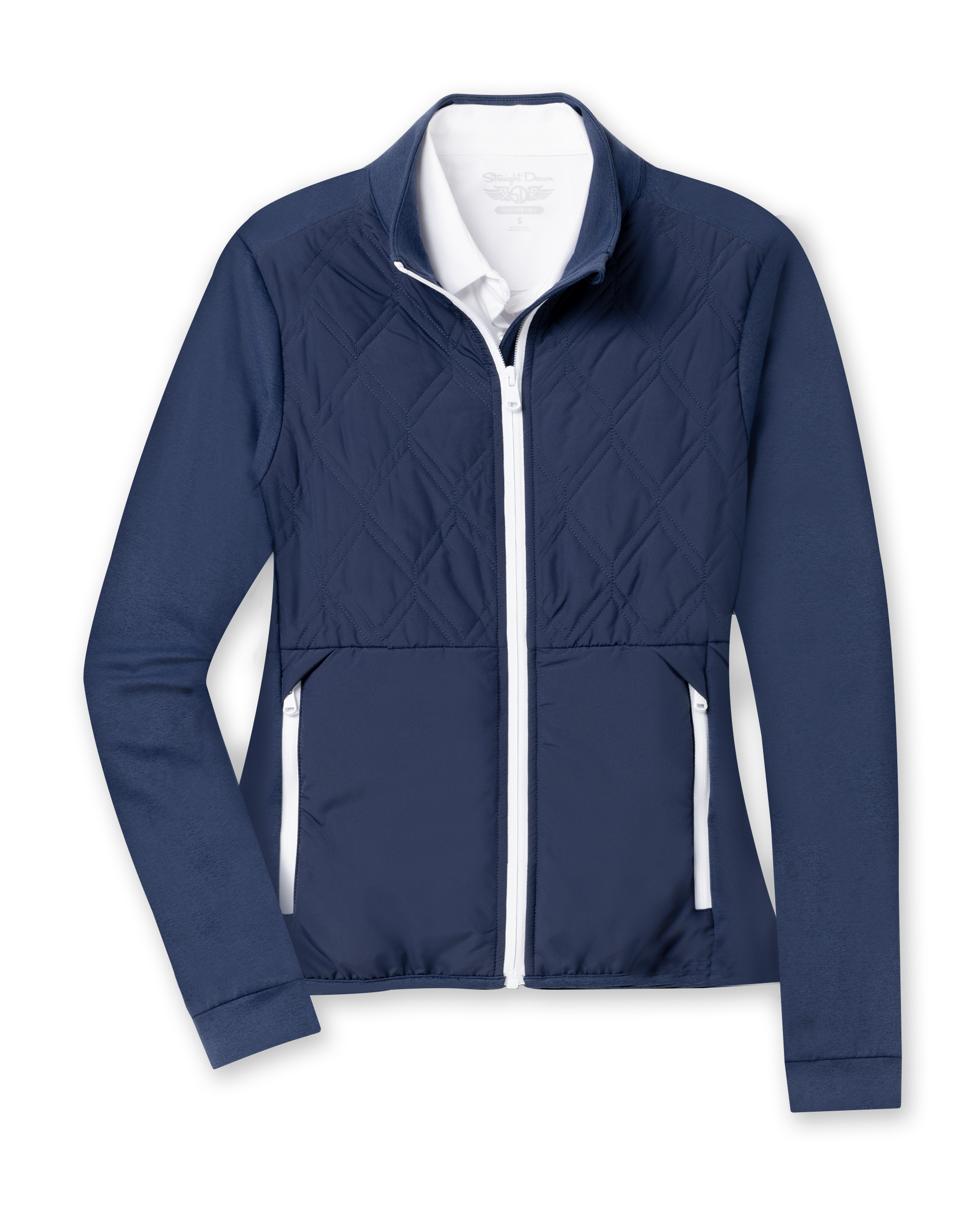 Women's Hera Jacket in New Indigo, flat lay front view featuring a hybrid construction with a quilted diamond-pattern navy front body and solid navy stretch sleeves, full zip white closure, stand-up collar, and zip side pockets with white contrast trim, layered over a white collared shirt