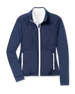 Women's Hera Jacket in New Indigo, flat lay front view featuring a hybrid construction with a quilted diamond-pattern navy front body and solid navy stretch sleeves, full zip white closure, stand-up collar, and zip side pockets with white contrast trim, layered over a white collared shirt