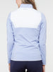 Women's Althea Half Zip in Lavender, back view on model featuring a color-blocked white upper back panel with soft lavender blue knit lower body and sleeves, and a tonal Straight Down logo at the upper back, paired with navy pants