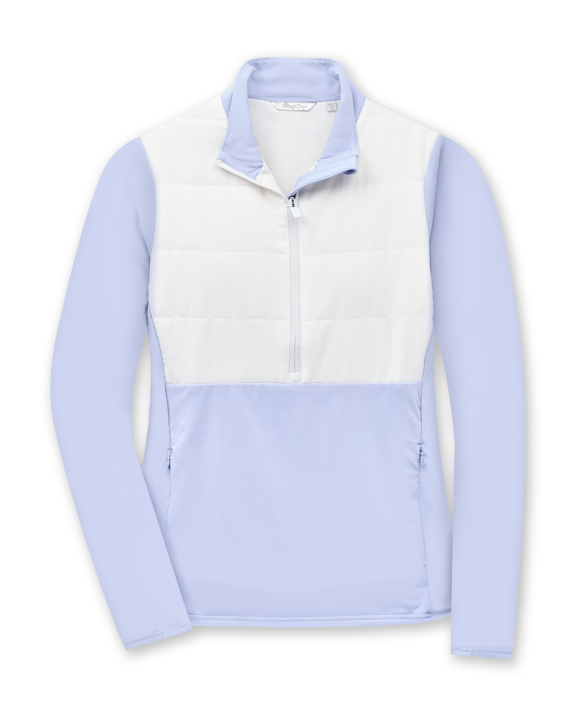 Women's Althea Half Zip in Lavender, flat lay front view featuring a lavender and white color block quilted chest panel with quarter zip closure and zip pockets