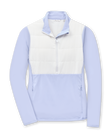 Women's Althea Half Zip in Lavender, flat lay front view featuring a lavender and white color block quilted chest panel with quarter zip closure and zip pockets