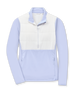 Women's Althea Half Zip in Lavender, flat lay front view featuring a lavender and white color block quilted chest panel with quarter zip closure and zip pockets