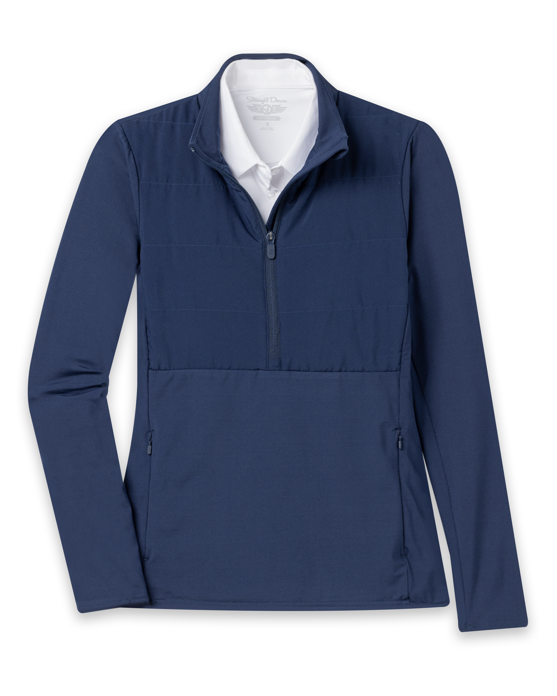 Women's Althea Half Zip in New Indigo, flat lay front view featuring a solid navy quilted chest panel with quarter zip closure and zip pockets