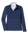 Women's Althea Half Zip in New Indigo, flat lay front view featuring a solid navy quilted chest panel with quarter zip closure and zip pockets