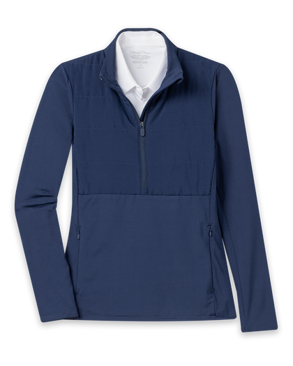 Women's Althea Half Zip in New Indigo, flat lay front view featuring a solid navy quilted chest panel with quarter zip closure and zip pockets