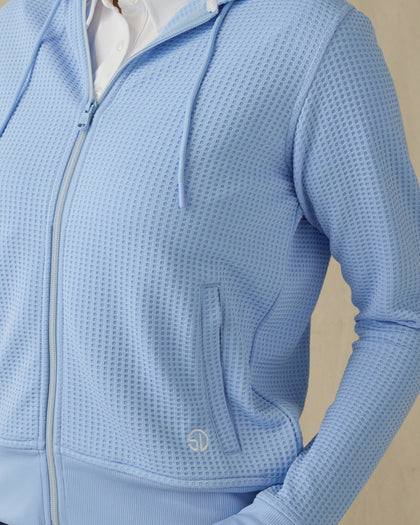 Eliza Hoodie in Carolina, close-up front view on model highlighting the waffle-knit texture, side pocket and Straight Down logo detail