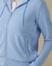 Eliza Hoodie in Carolina, close-up front view on model highlighting the waffle-knit texture, side pocket and Straight Down logo detail
