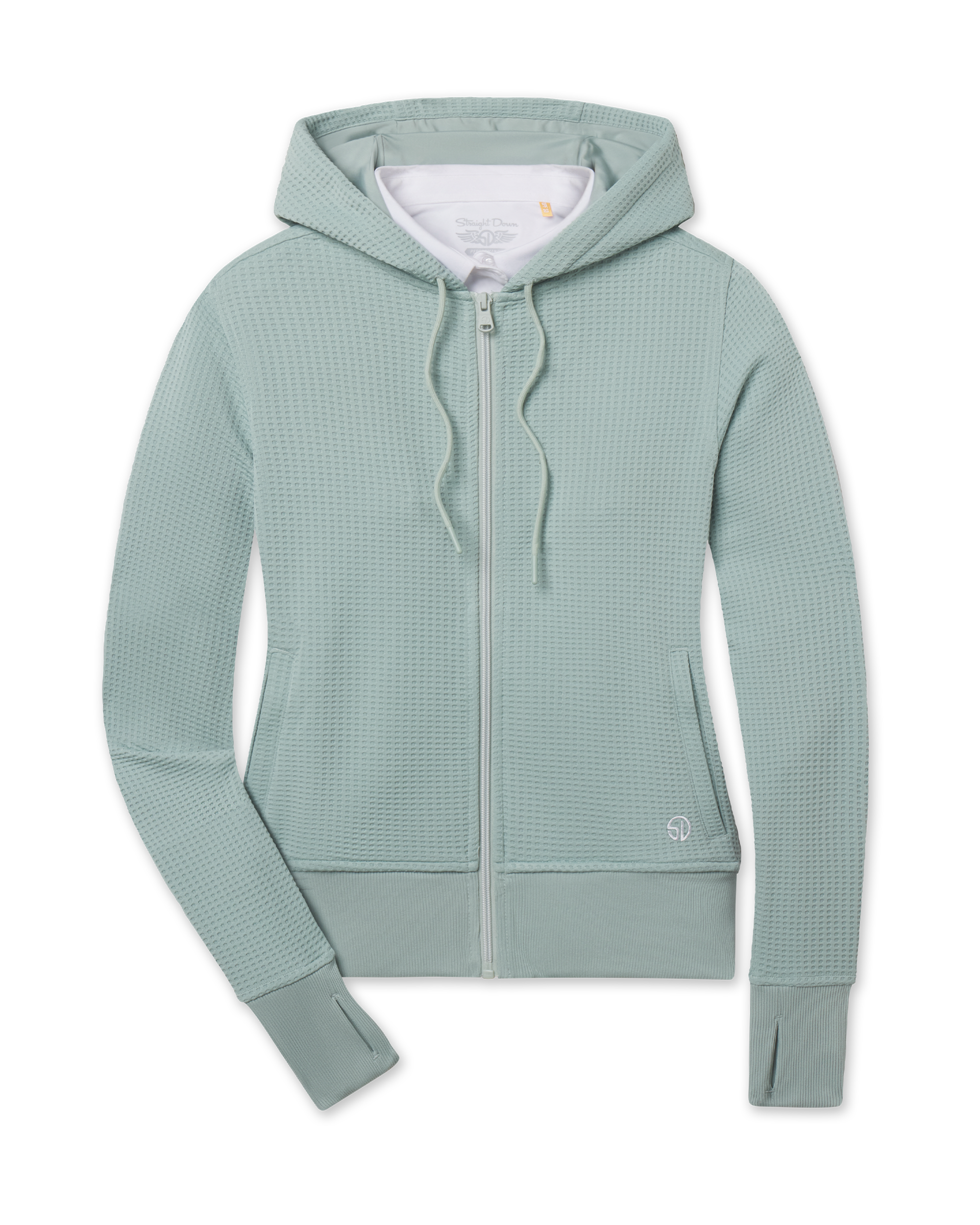 Eliza Hoodie in Herb featuring textured waffle knit, a full-zip front, drawcord hood, front pockets, ribbed hem, and thumbhole cuffs.