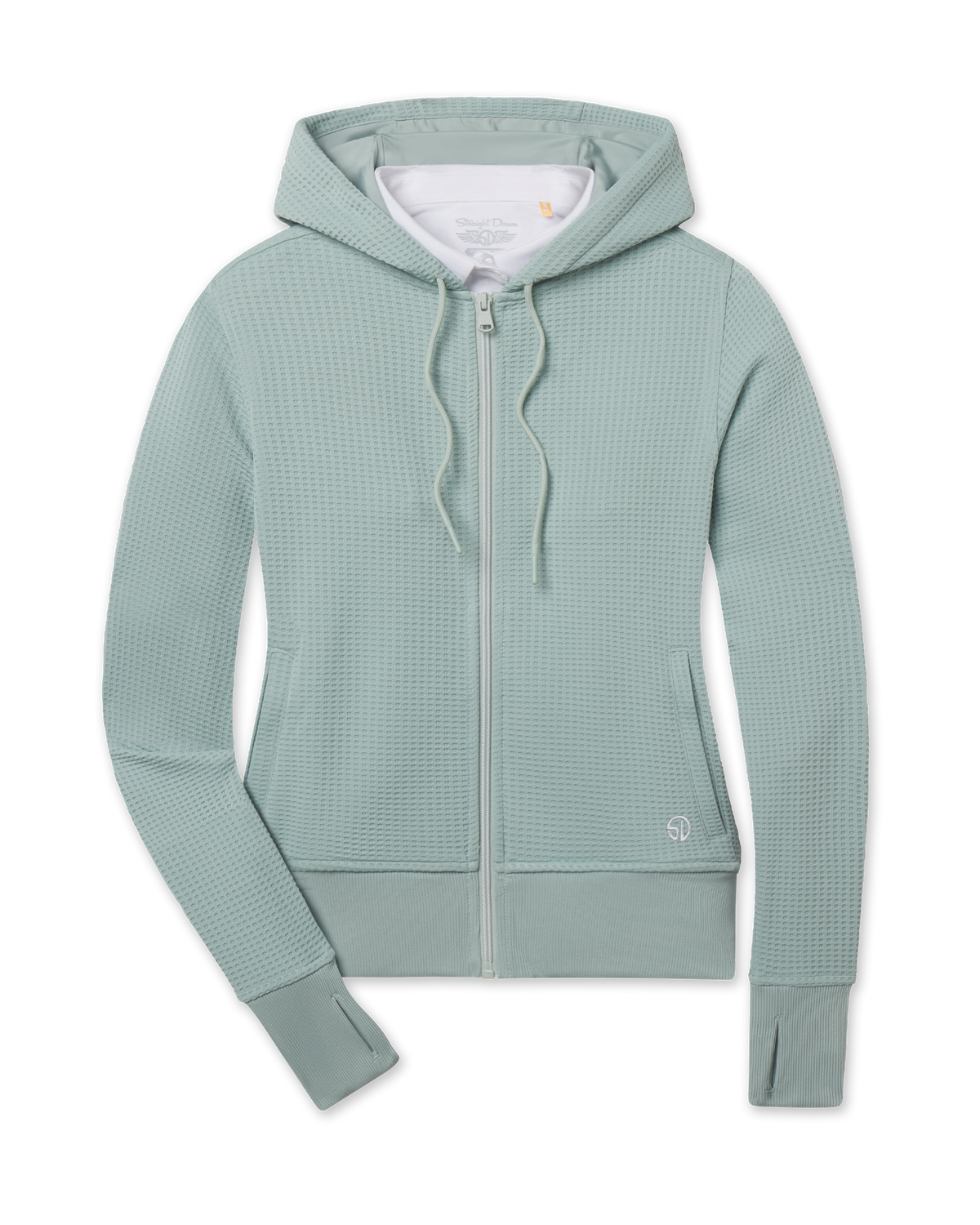 Eliza Hoodie in Herb featuring textured waffle knit, a full-zip front, drawcord hood, front pockets, ribbed hem, and thumbhole cuffs.
