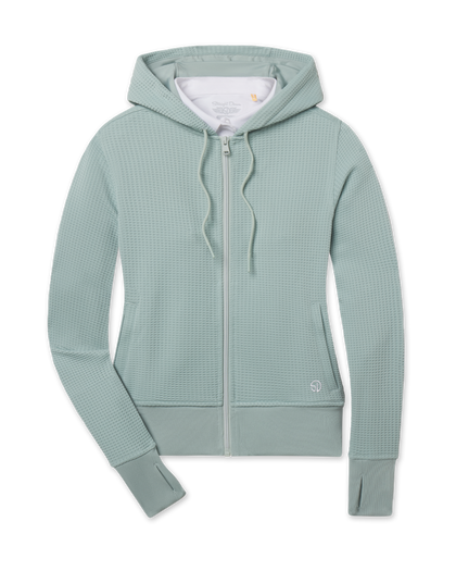 Eliza Hoodie in Herb featuring textured waffle knit, a full-zip front, drawcord hood, front pockets, ribbed hem, and thumbhole cuffs.