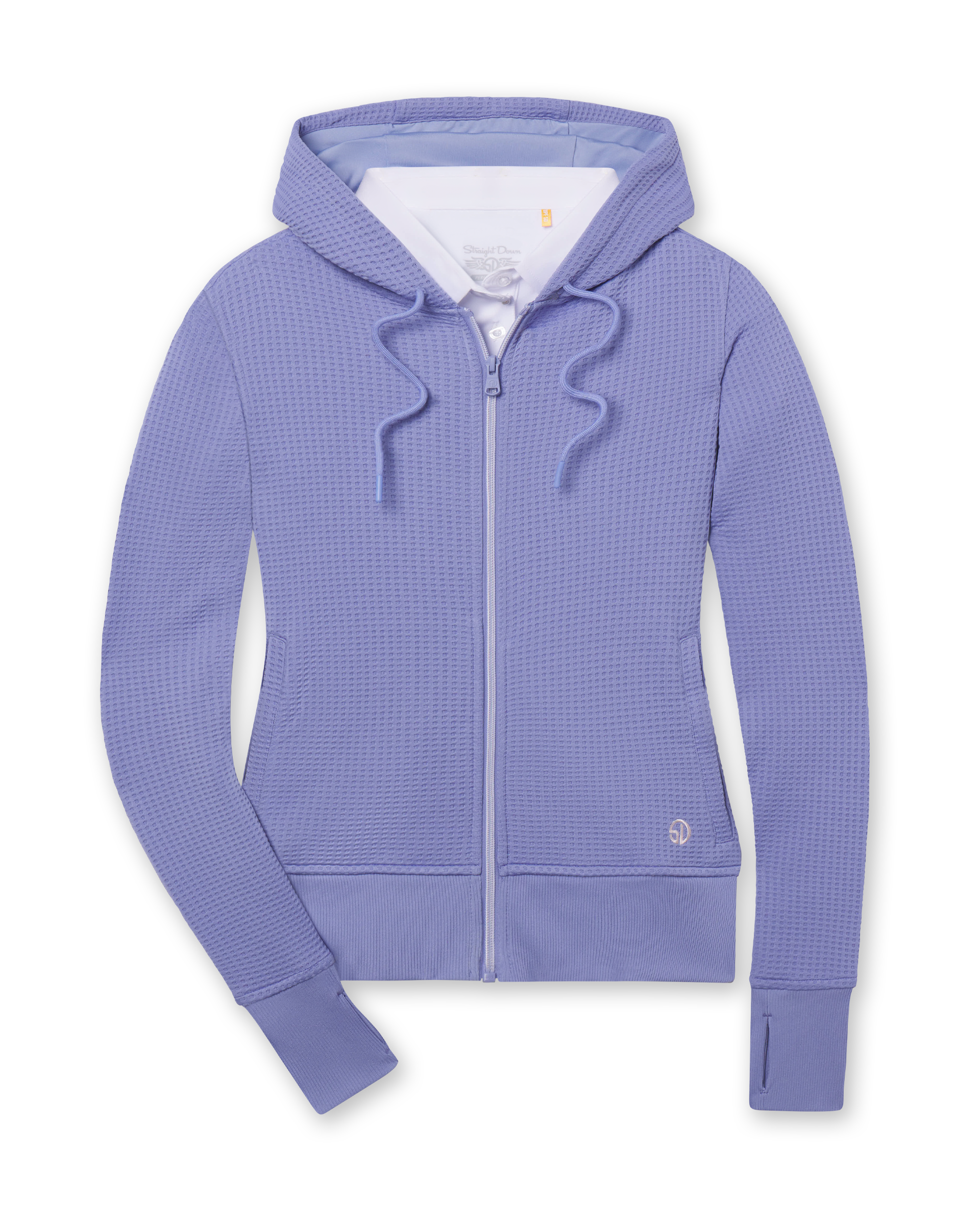 Women's Eirene Hoodie in Blue Shade, flat lay front view featuring a waffle knit construction with a full zip closure, drawstring hood, side pockets, ribbed cuffs and hem, and embroidered Straight Down logo, layered over a white collared shirt